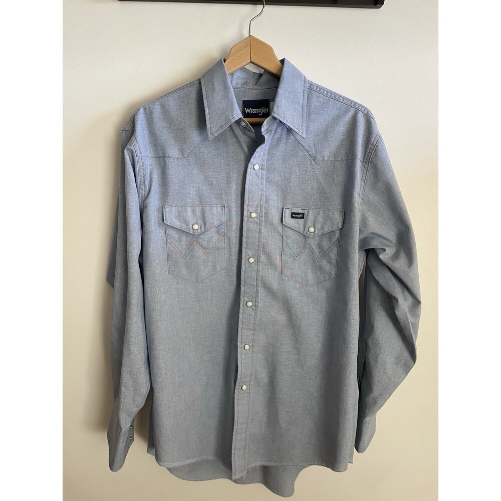 Vintage Wrangle White Opaque Snap Up Shirt Light Blue Mens 16.5 X 34 W Pockets